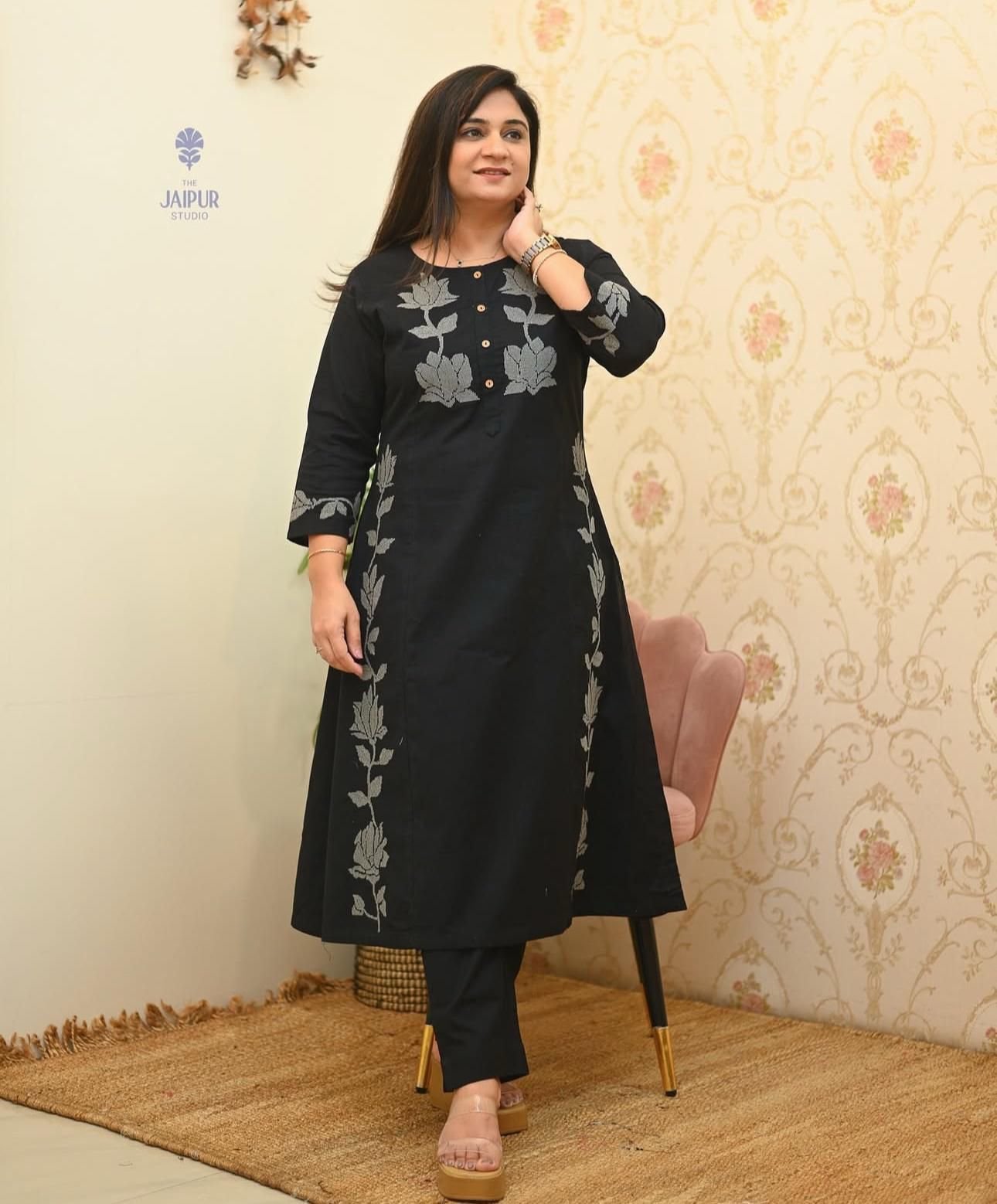 Black Cotton Flex Embroidered Co-ord Set